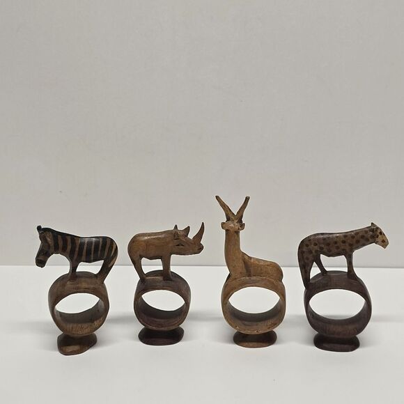 African Wood Carved Safari Animal Napkin Rings jungle theme Made In Kenya VTG - Picture 5 of 8